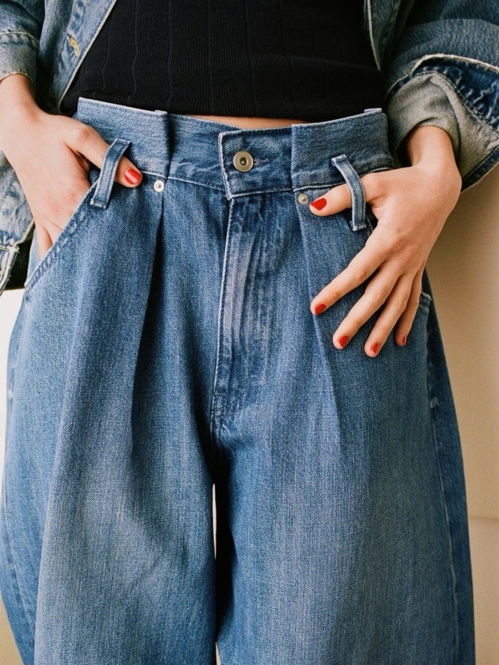 Zara Waist Bag Wide-Leg High-Rise Blue Denim Jeans - Picture 4 of 10